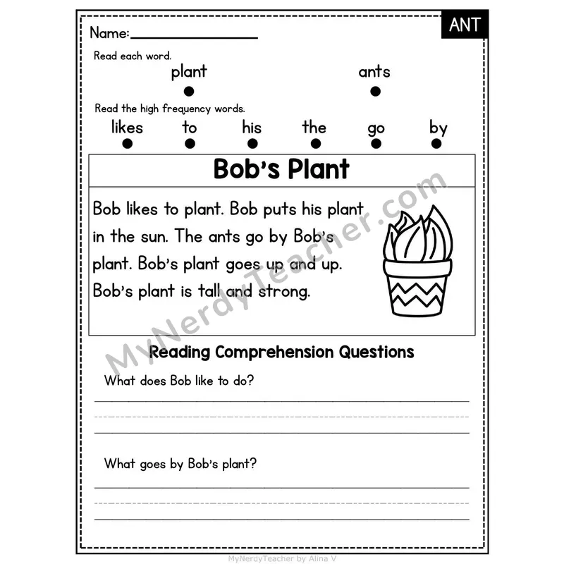 ANT Word Family Decodable Passage - Bob's Plant