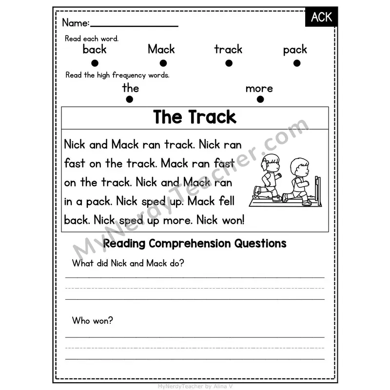 ACK Word Family Decodable Passage - The Track