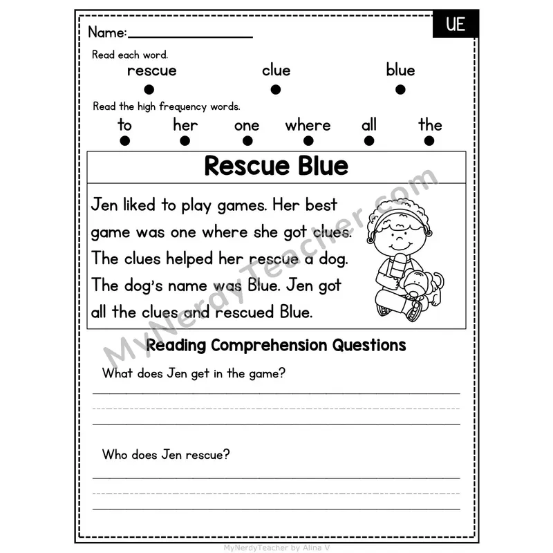 UE Vowel Team Decodable Passage - Rescue Blue