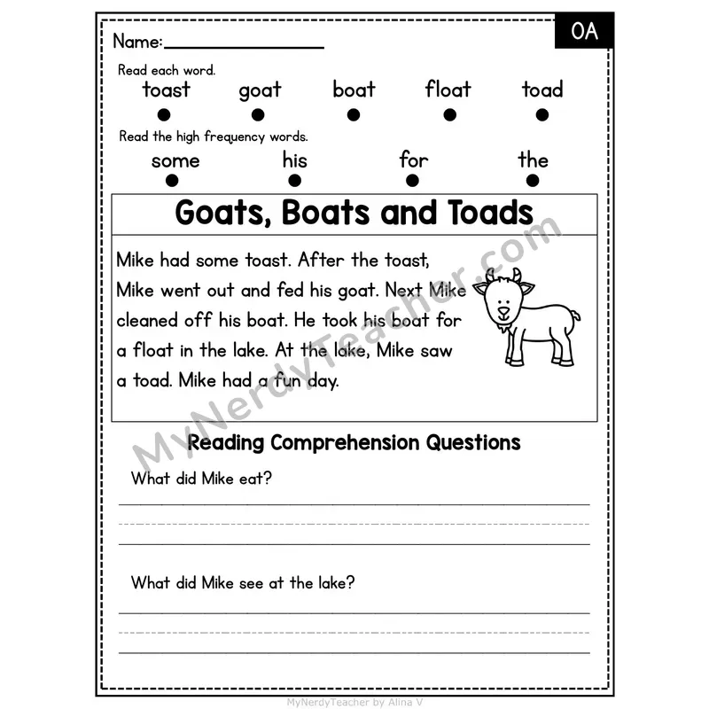 OA Vowel Team Decodable Passage - Goats, Boats and Toads