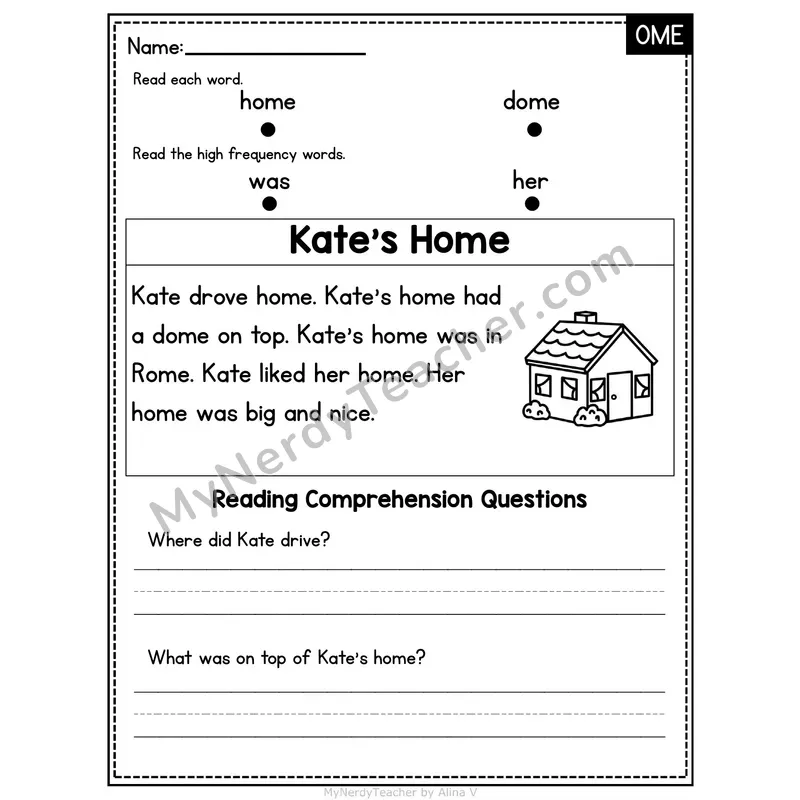OME Word Family Decodable Passage - Kate's Home