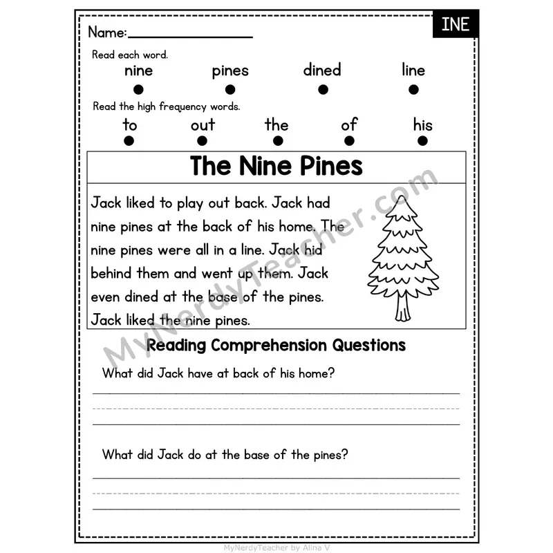 INE Word Family Decodable Passage - The Nine Pines