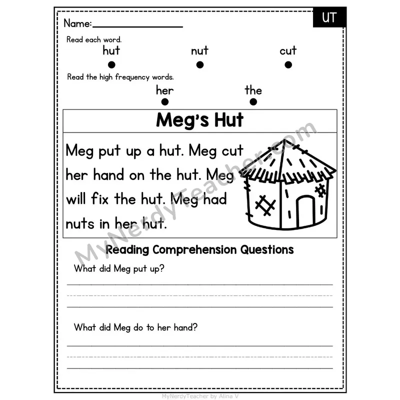 UT Word Family Decodable Passage - Meg's Hut