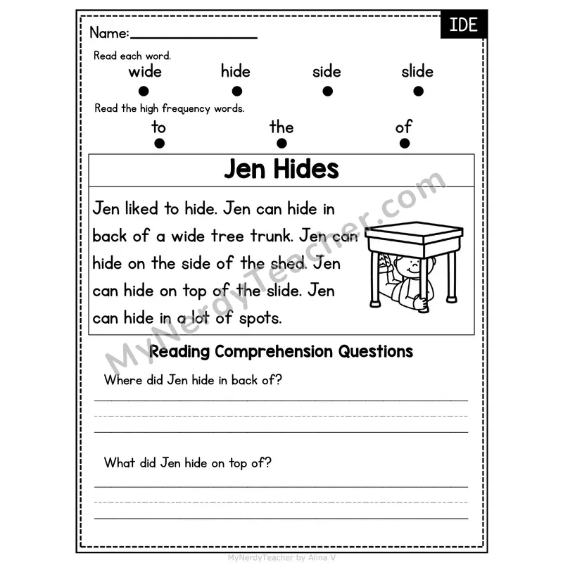 IDE Word Family Decodable Passage - Jen Hides