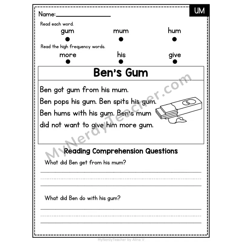 UM Word Family Decodable Passage - Ben's Gum