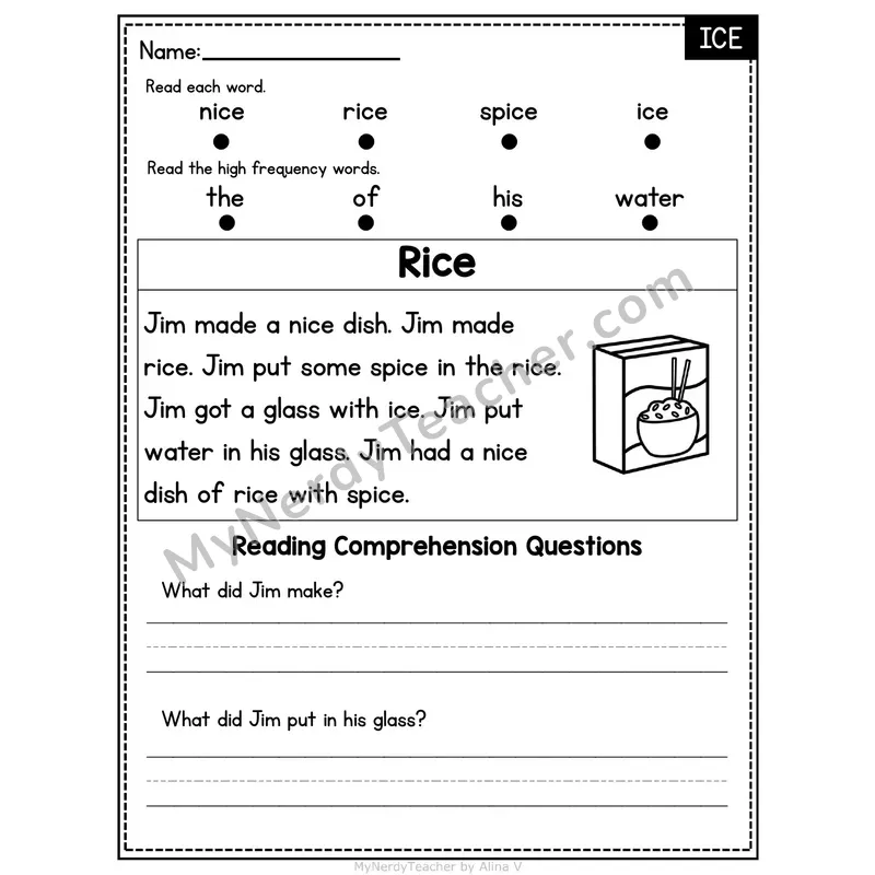 ICE Word Family Decodable Passage - Rice