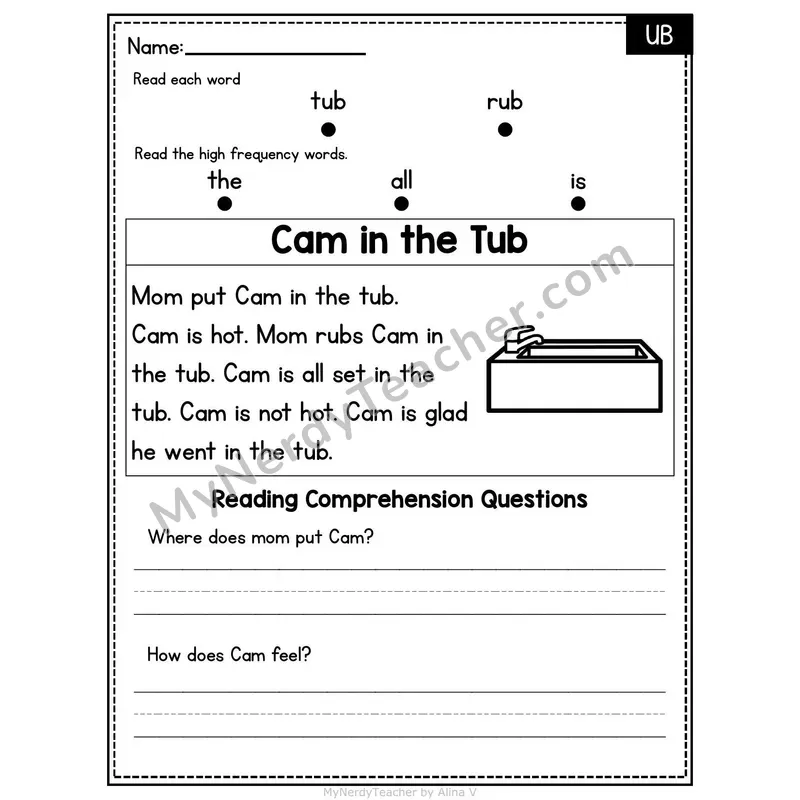 UB Word Family Decodable Passage - Cam in the Tub