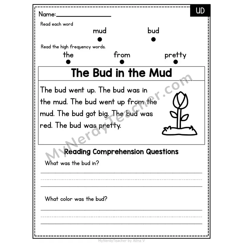 UD Word Family Decodable Passage - The Bud in the Mud