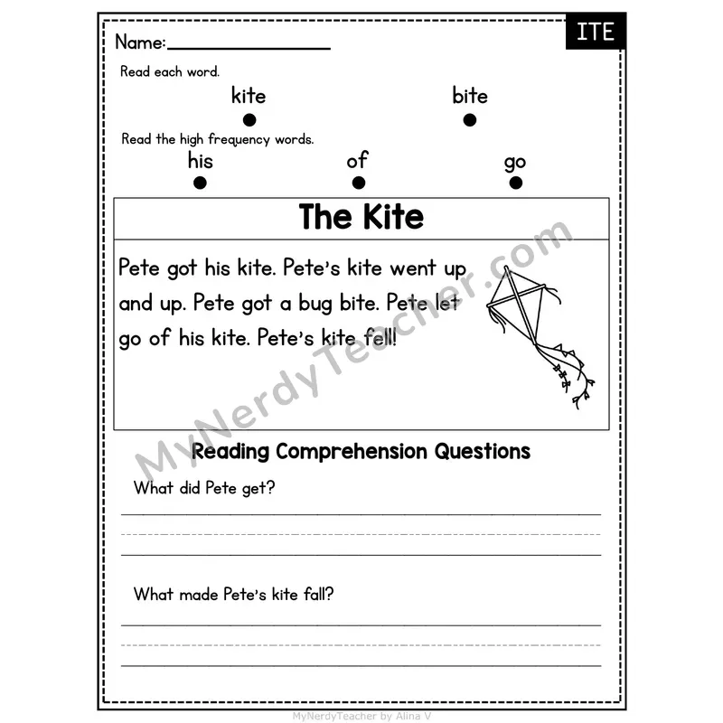ITE Word Family Decodable Passage - The Kite
