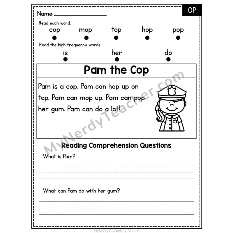OP Word Family Decodable Passage - Pam the Cop
