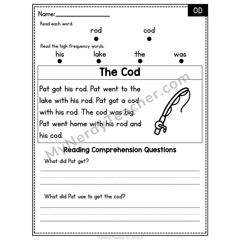 OD Word Family Decodable Passage - The Cod