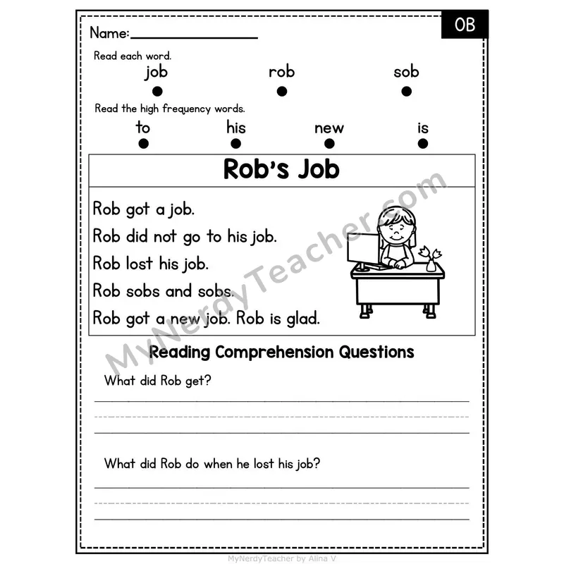 OB Word Family Decodable Passage - Rob's Job