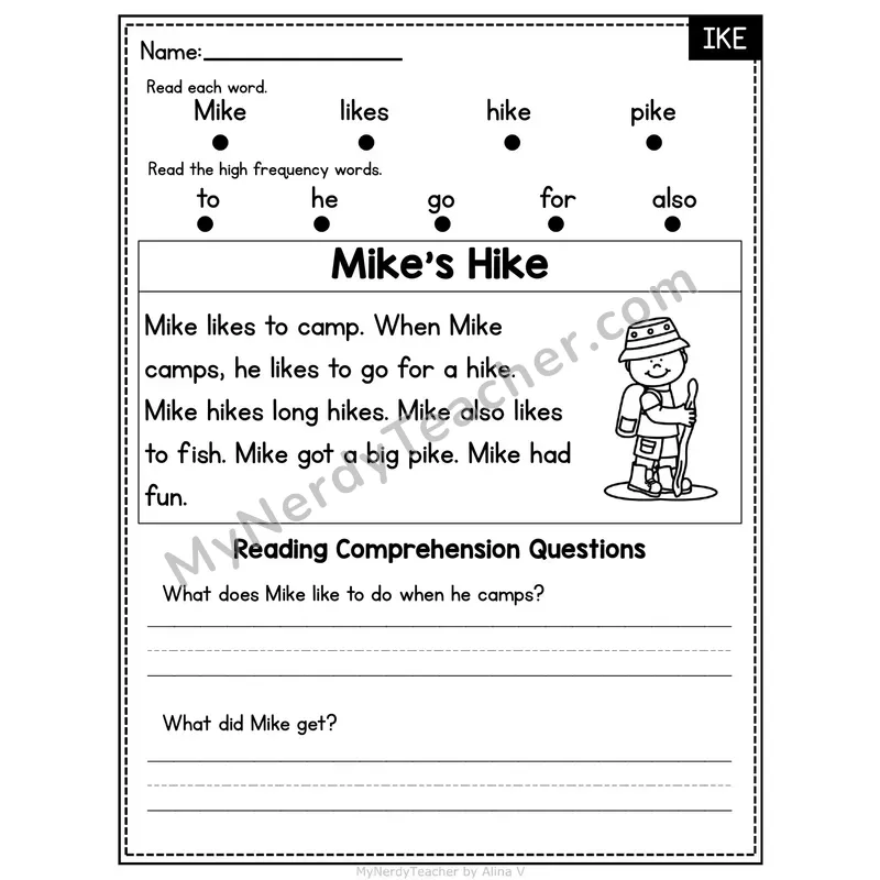 IKE Word Family Decodable Passage - Mike's Hike