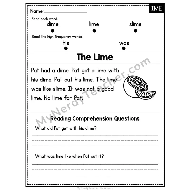IME Word Family Decodable Passage - The Lime