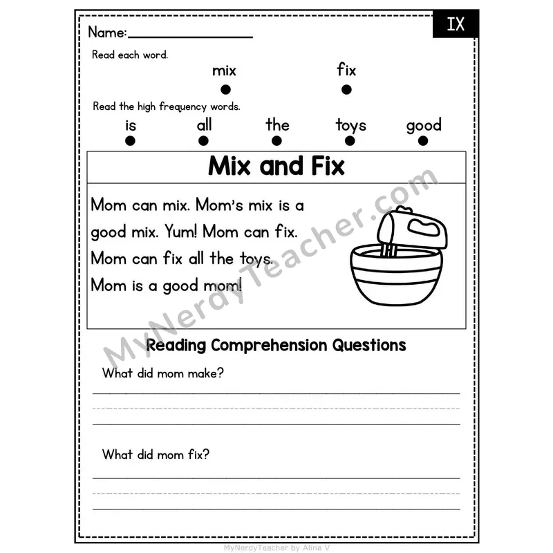 IX Word Family Decodable Passage - Mix and Fix