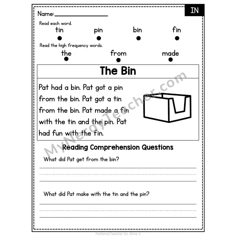 IN Word Family Decodable Passage - The Bin