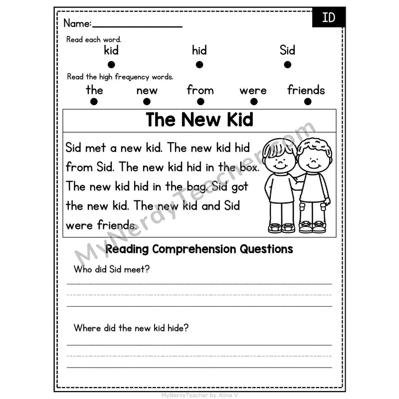 ID Word Family Decodable Passage - The New Kid
