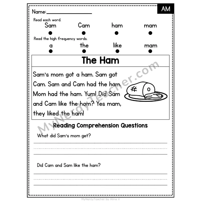 AM Word Family Decodable Passage - The Ham