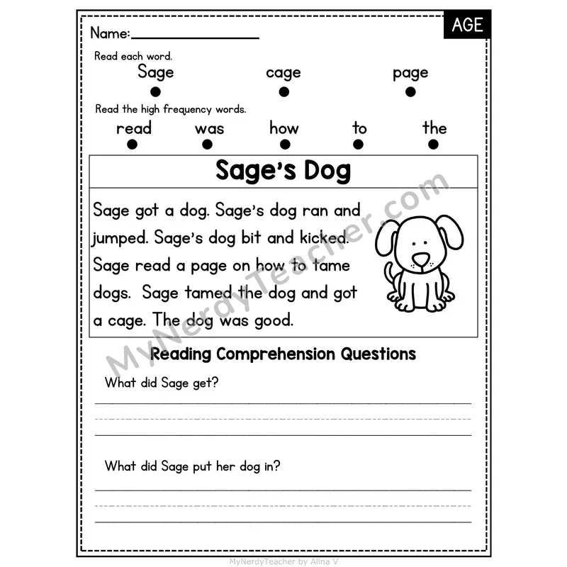 AGE Word Family Decodable Passage - Sage's Dog