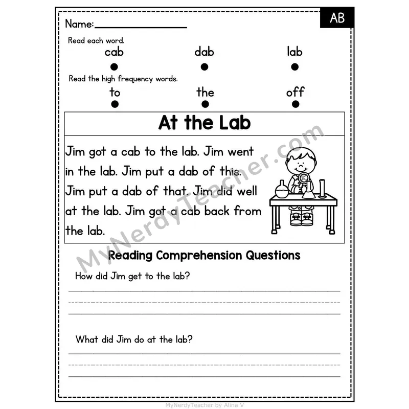 AB Word Family Decodable Passage - At the Lab