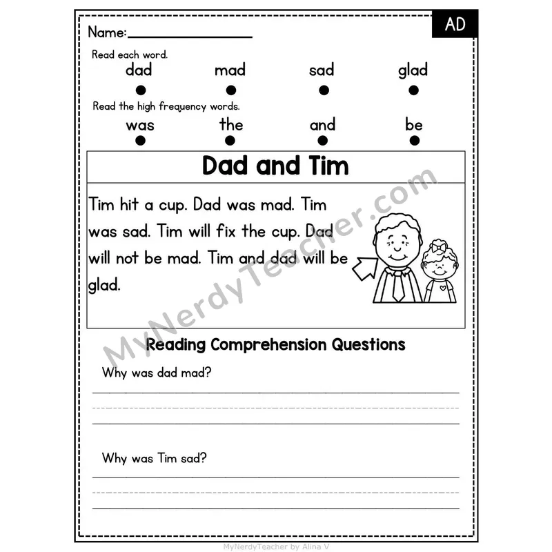 AD Word Family Decodable Passage - Dad and Tim