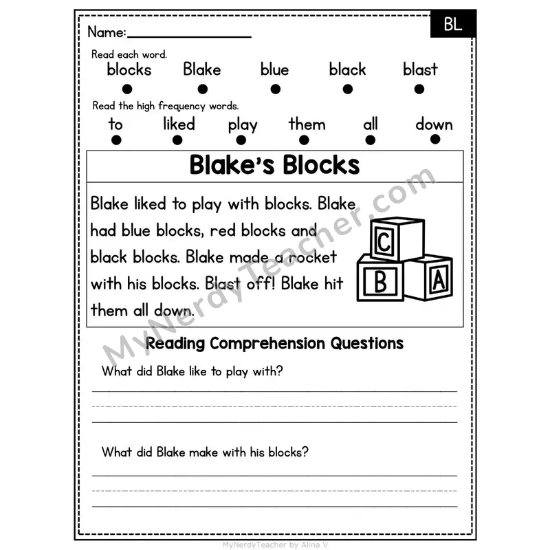 BL Blend Decodable Passage - Blake's Blocks