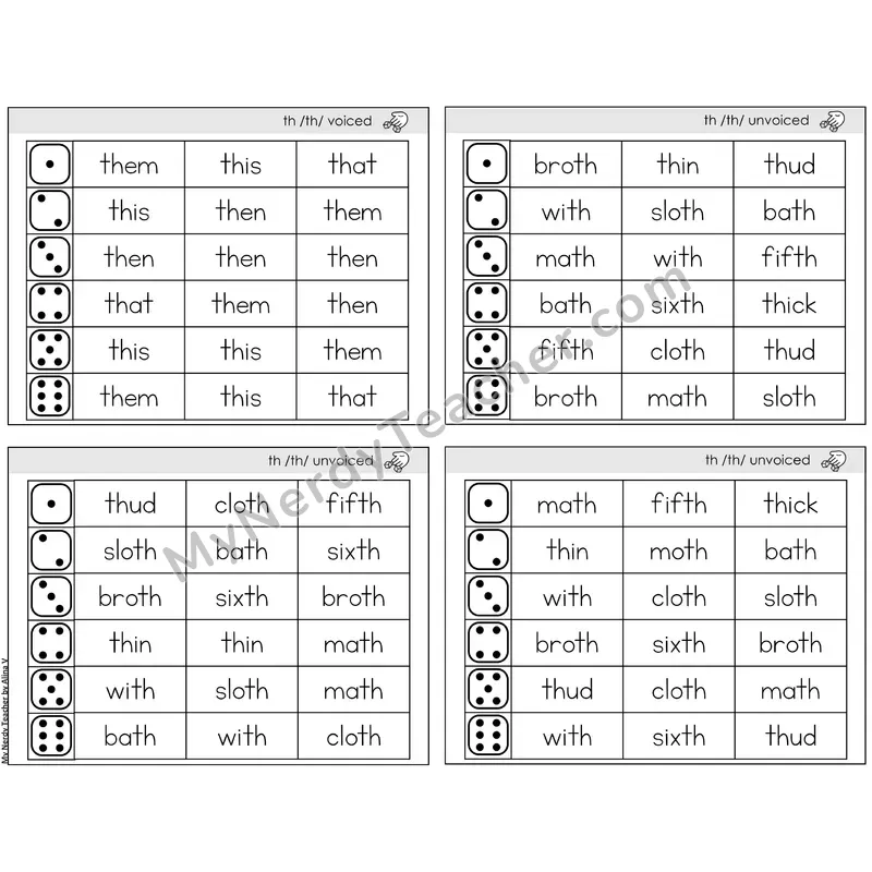 Digraphs th (Voiced & Unvoiced) — BW (C2 — Roll and Read)