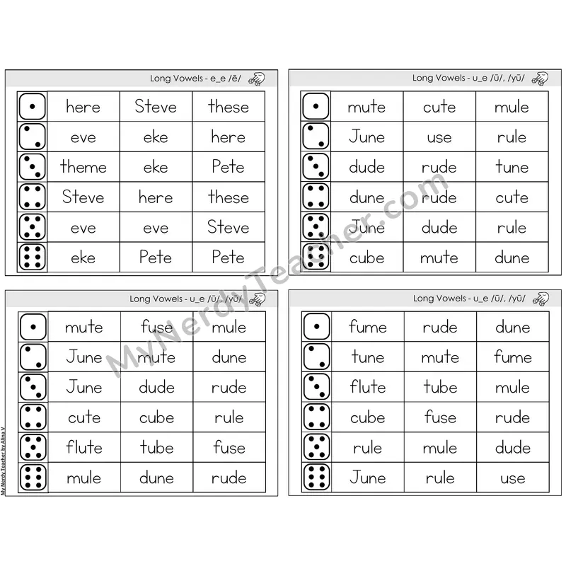 Long E & U Silent E (e_e, u_e) — BW (C2 — Roll and Read)
