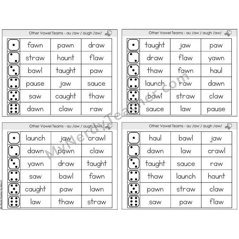 Vowel Teams au, aw, augh /aw/ — BW (C2 — Roll and Read)