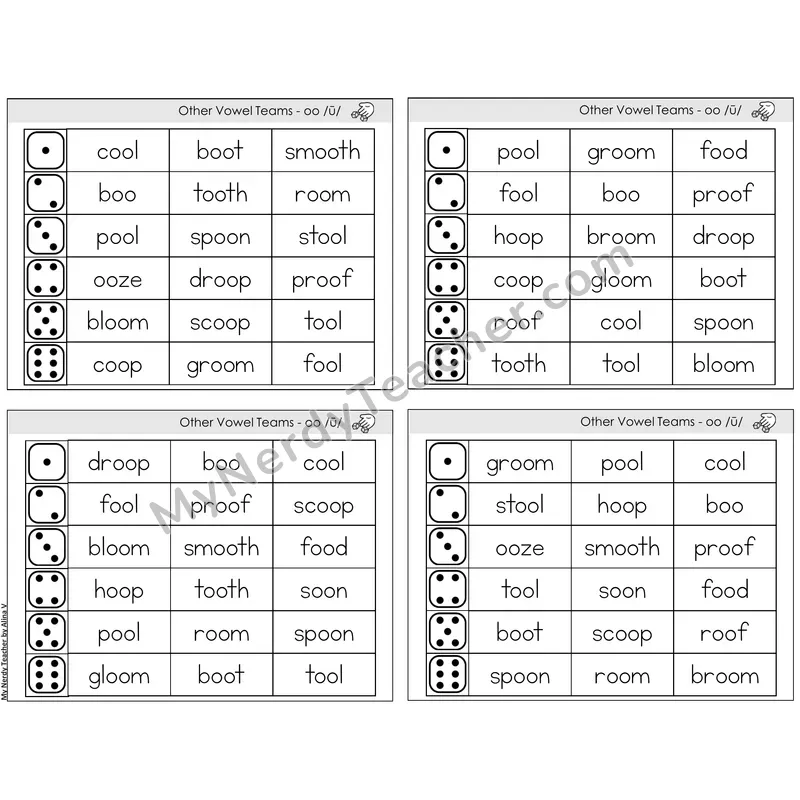 Vowel Teams oo /oo/ (moon) — BW (C2 — Roll and Read)