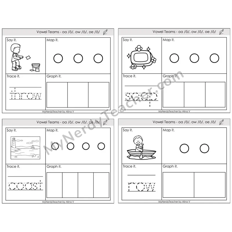 Vowel Teams oa, ow, oe /o/ — BW (C3 — Say It, Graph It, Map It, Trace It)