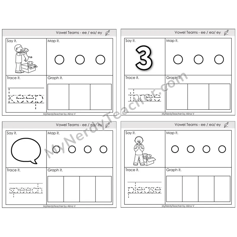 Vowel Teams ee, ea, ey /e/ — BW (C3 — Say It, Graph It, Map It, Trace It)