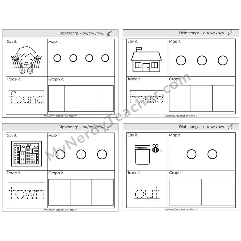 Diphthongs ou, ow /ow/ — BW (C3 — Say It, Graph It, Map It, Trace It)