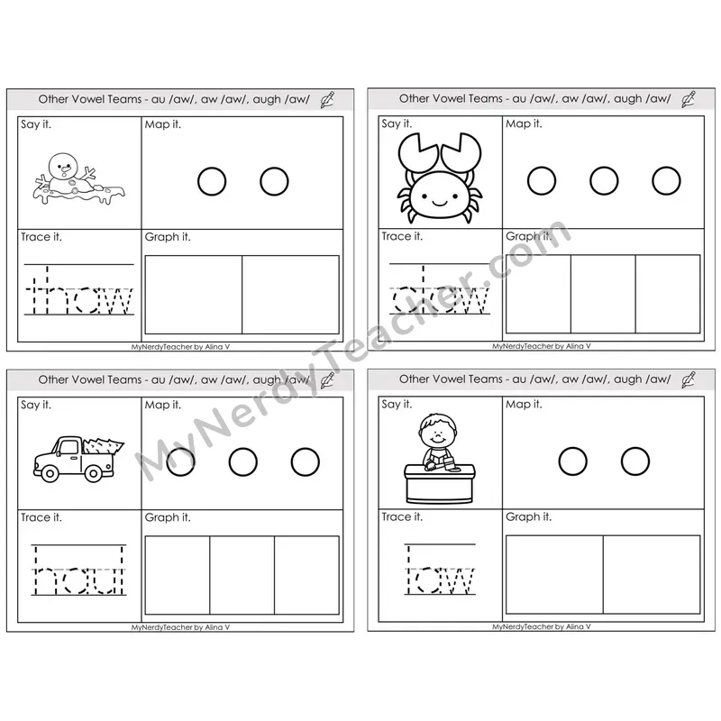 Vowel Teams au, aw, augh /aw/ — BW (C3 — Say It, Graph It, Map It, Trace It)