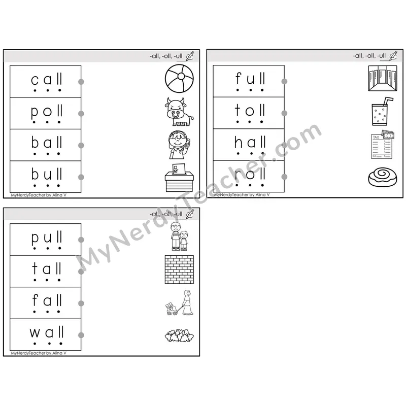 -all, -oll, -ull Word Families — BW (C4 — Blend and Match)