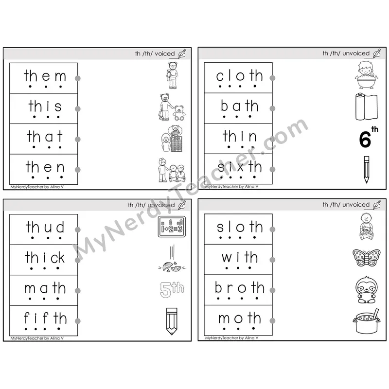 Digraphs th (Voiced & Unvoiced) — BW (C4 — Blend and Match)