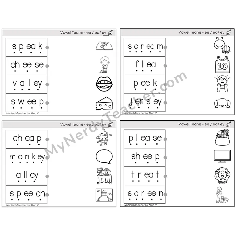 Vowel Teams ee, ea, ey /e/ — BW (C4 — Blend and Match)
