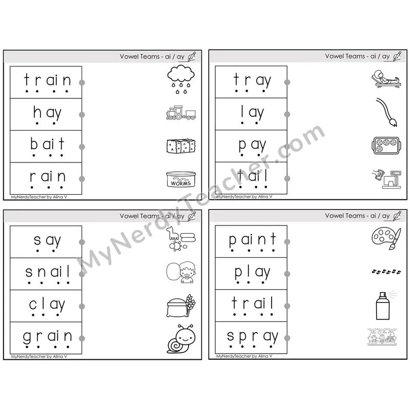Vowel Teams ai, ay /a/ — BW (C4 — Blend and Match)