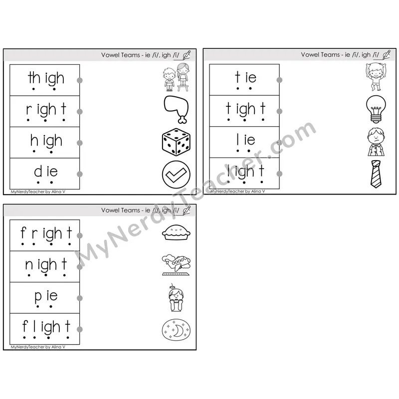 Vowel Teams ie, igh /i/ — BW (C4 — Blend and Match)