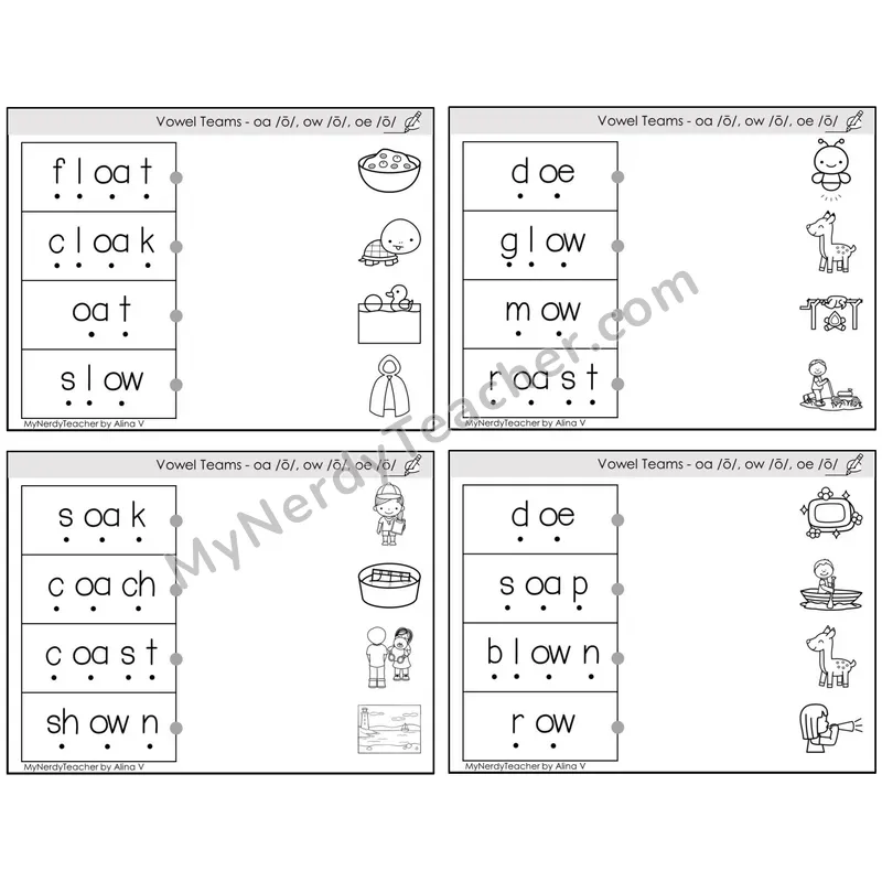 Vowel Teams oa, ow, oe /o/ — BW (C4 — Blend and Match)