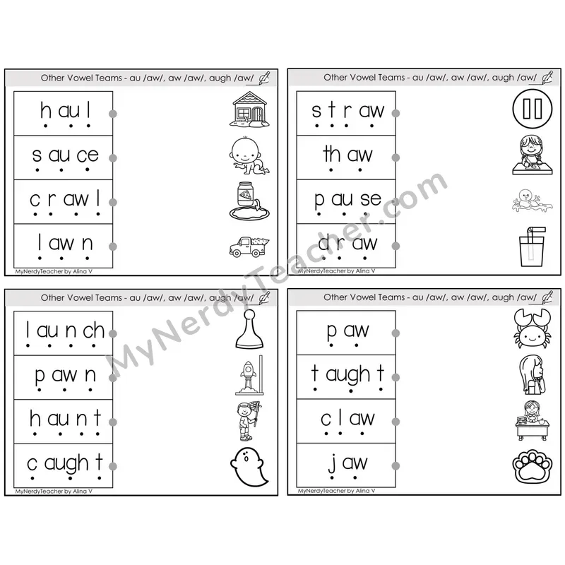 Vowel Teams au, aw, augh /aw/ — BW (C4 — Blend and Match)