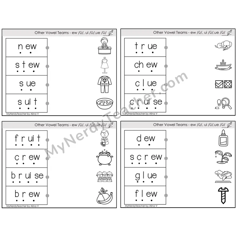 Vowel Teams ew, ui, ue /u/ — BW (C4 — Blend and Match)