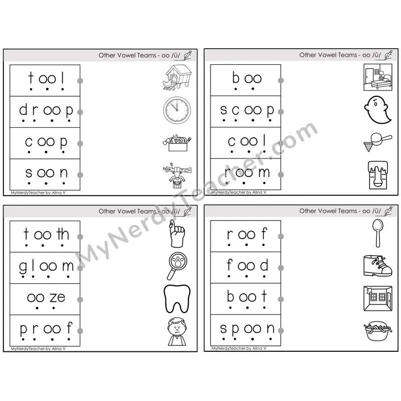 Vowel Teams oo /oo/ (moon) — BW (C4 — Blend and Match)