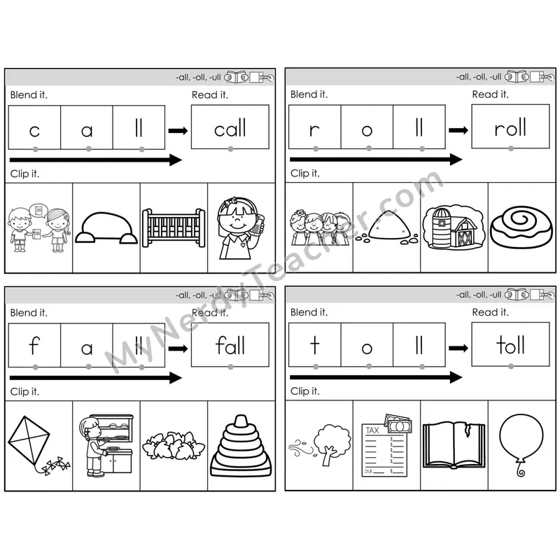 -all, -oll, -ull Word Families — BW (C5 — Clip It)