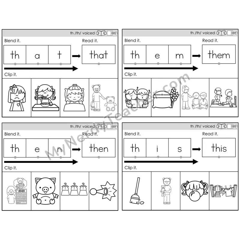 Digraphs th (Voiced & Unvoiced) — BW (C5 — Clip It)
