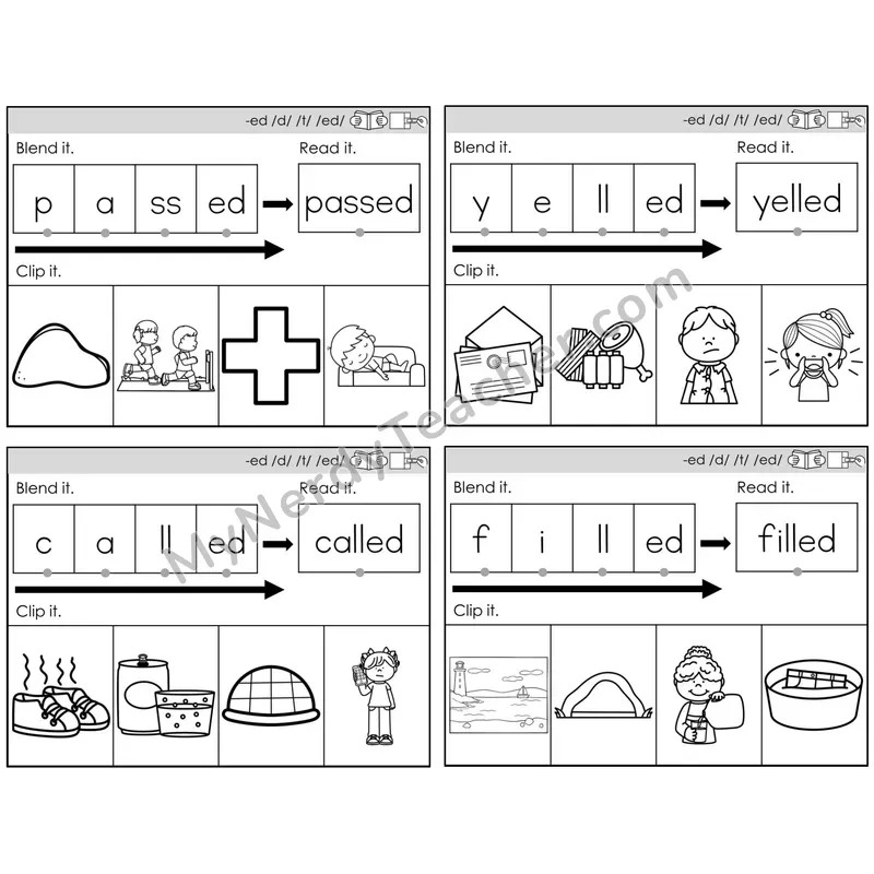 Inflectional Ending -ed (/d/, /t/, /ed/) — BW (C5 — Clip It)