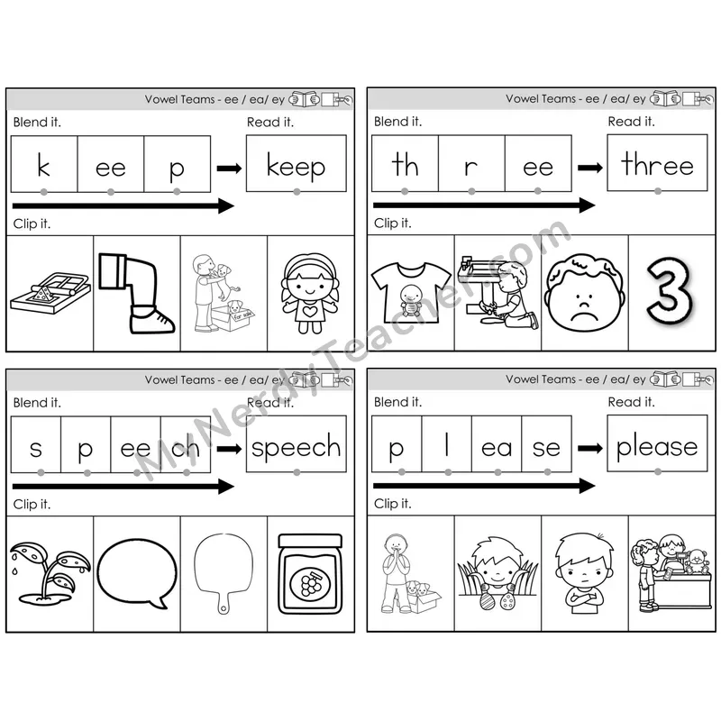 Vowel Teams ee, ea, ey /e/ — BW (C5 — Clip It)