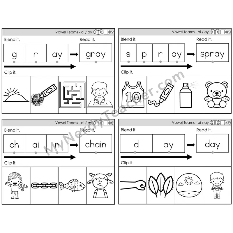 Vowel Teams ai, ay /a/ — BW (C5 — Clip It)