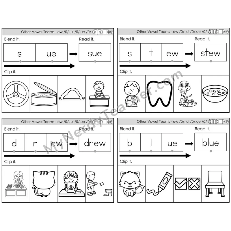 Vowel Teams ew, ui, ue /u/ — BW (C5 — Clip It)