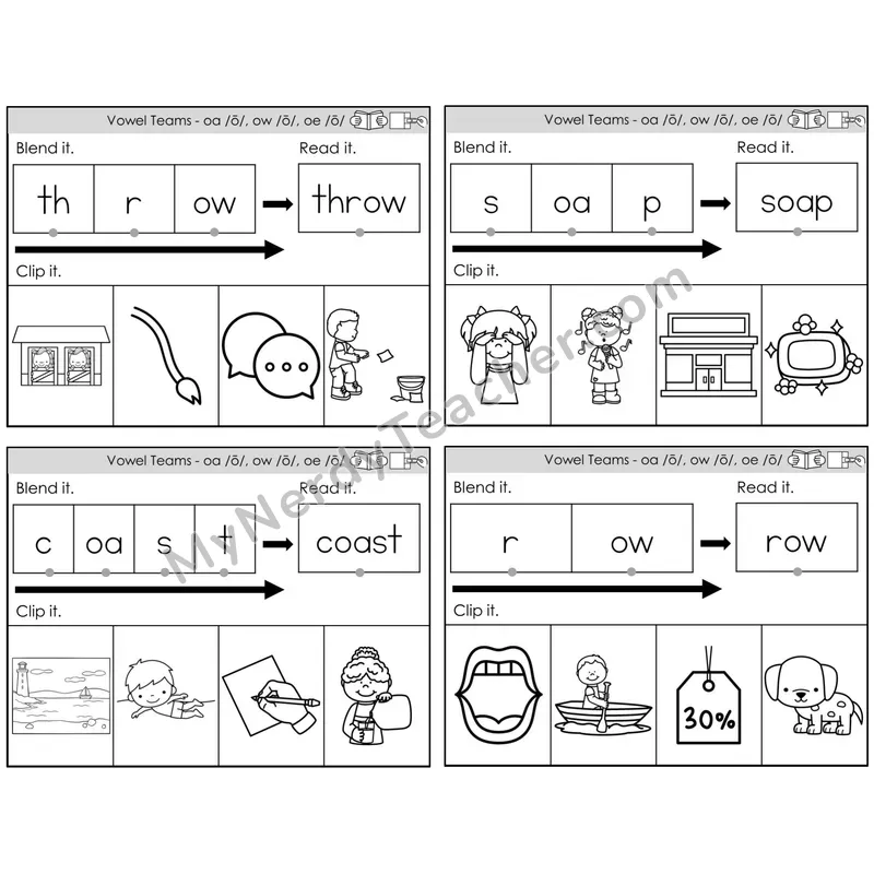 Vowel Teams oa, ow, oe /o/ — BW (C5 — Clip It)